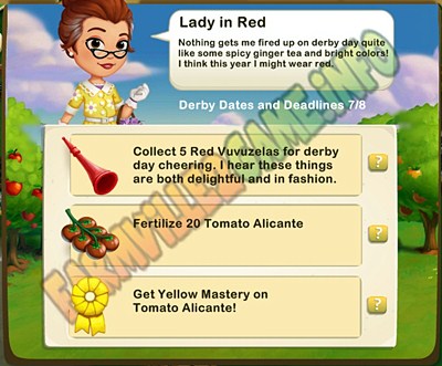 Lady in Red - Collect 5 Red Vuvuzelas - Fertilize 20 Tomato Alicante. - Get Yellow Mastery on Tomato Alicante! 